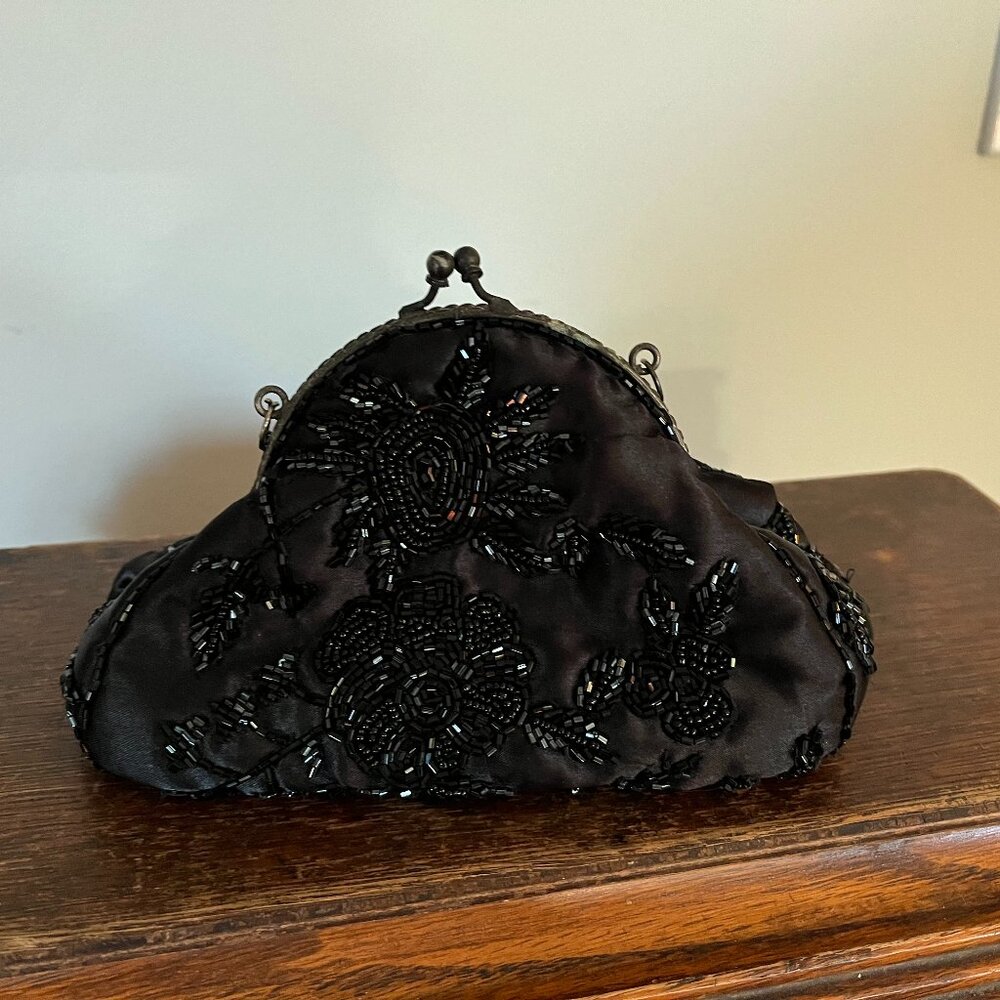 Vintage Black Beaded clutch with silver wrist strap
